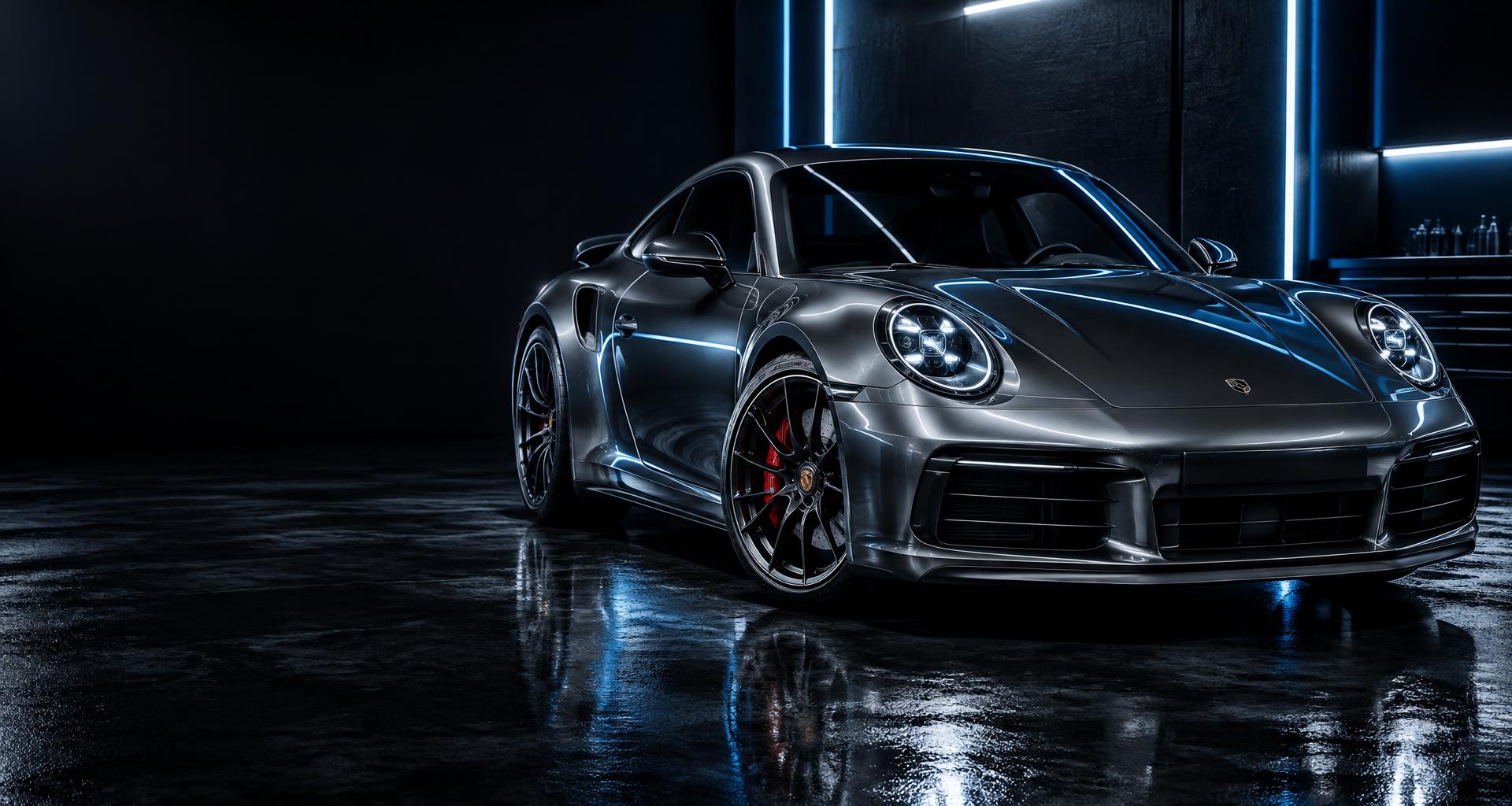 Polished graphite sports car in a premium detailing studio